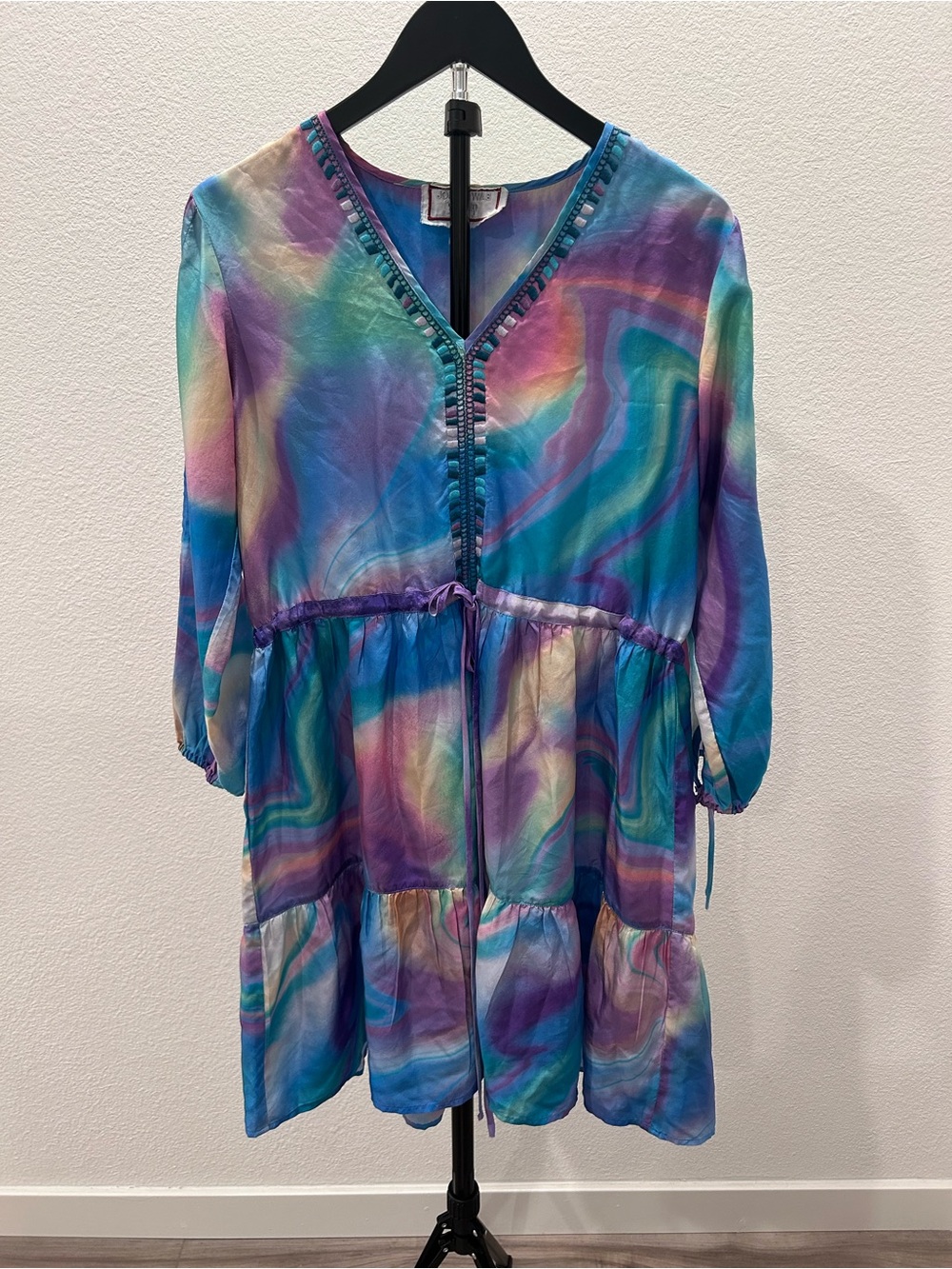 Johnny Was Workshop Silk Tie-Dye Tiered Boho Dress Size S Multicolor